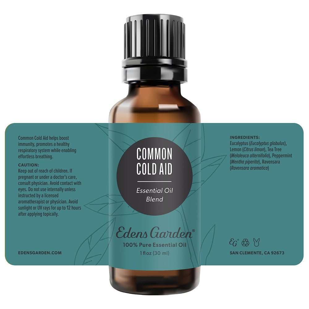 Edens Garden Common Cold Aid bottle and dropper suggest travel-friendly convenience.