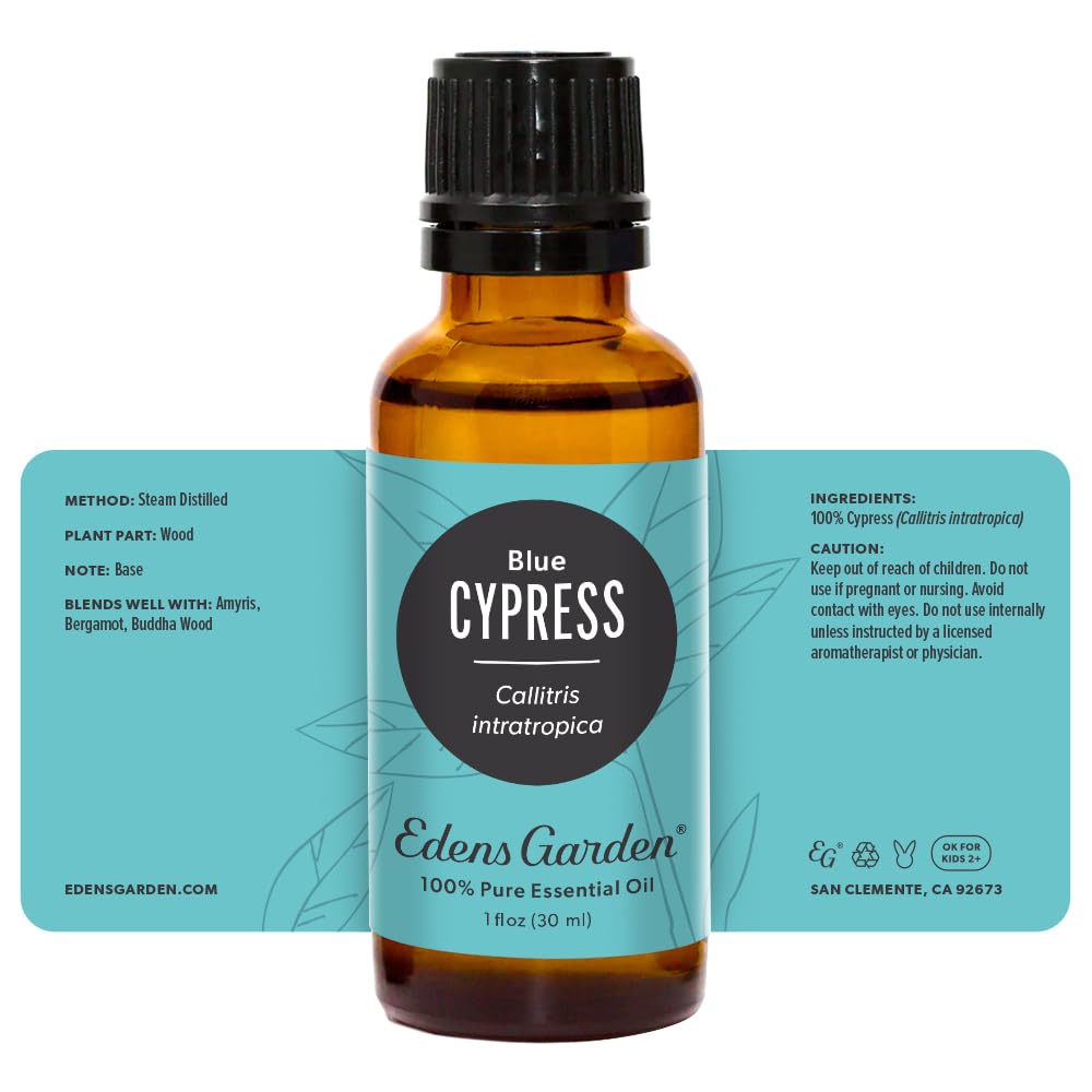 Edens Garden Cypress-Blue bottle on display inspires calm spaces.