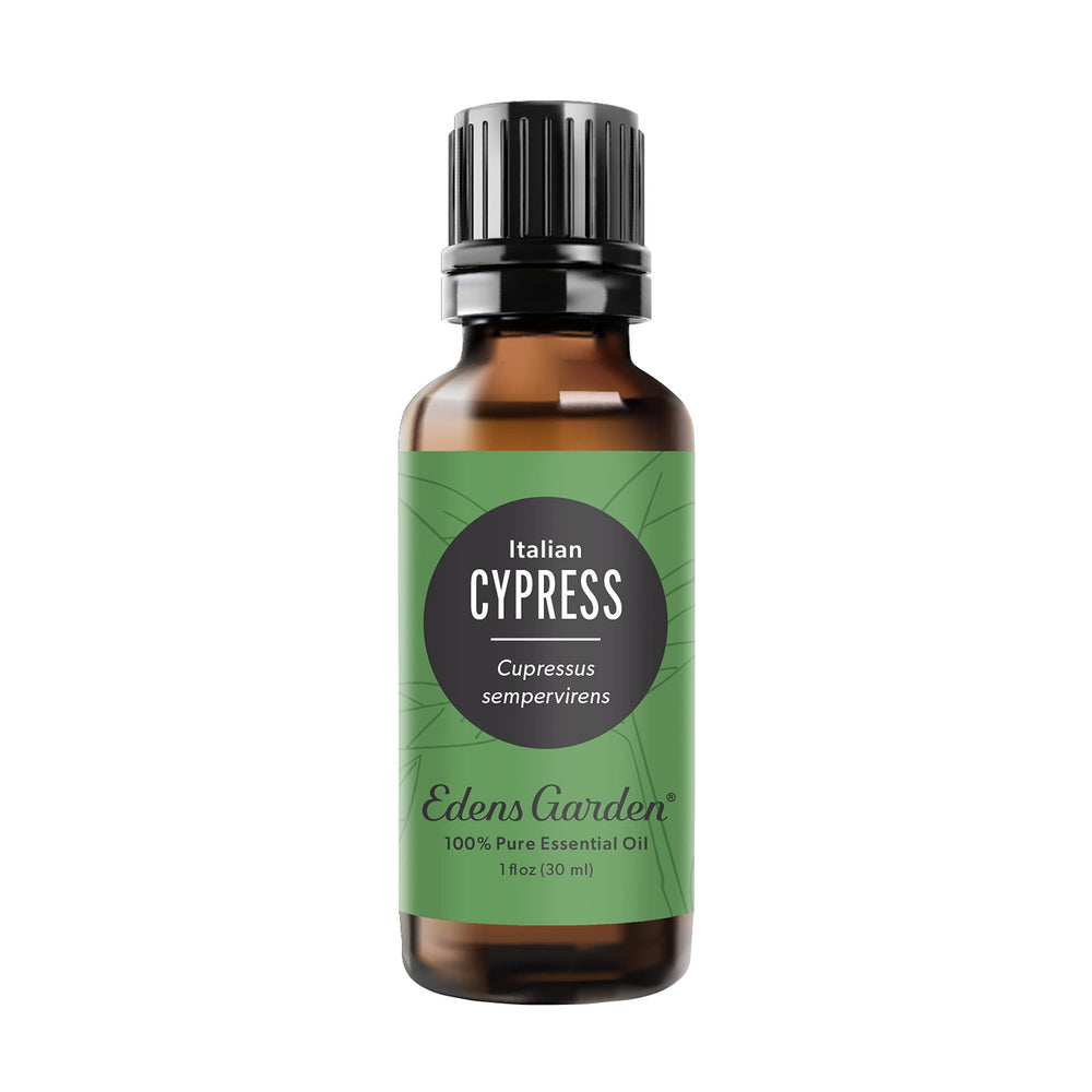 Edens Garden Cypress Italian essential oil bottle with crisp woody notes for a calming atmosphere.