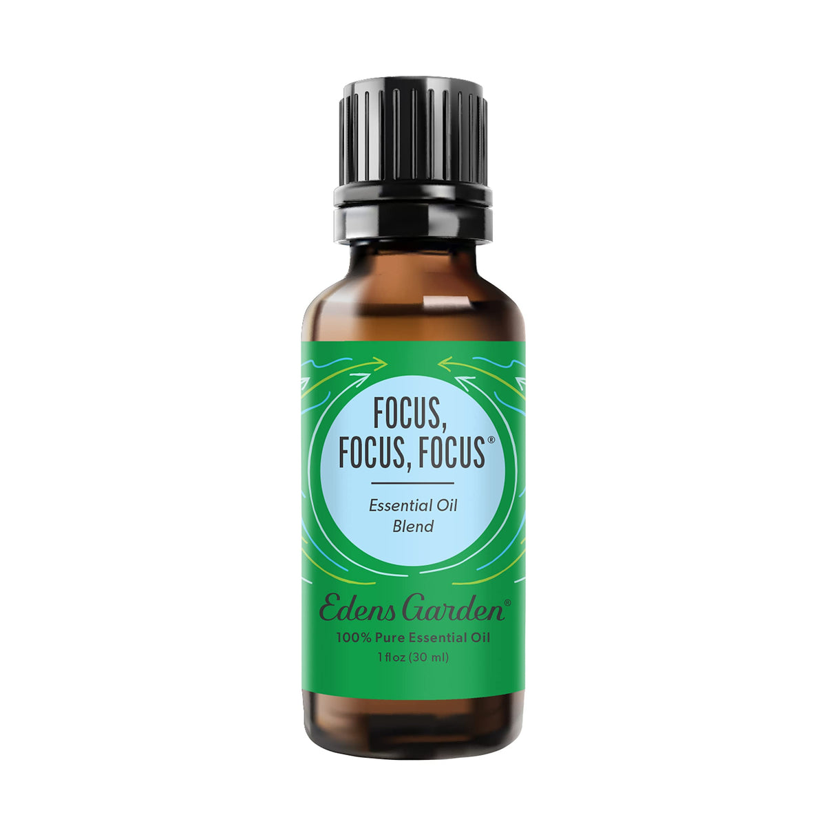 Edens Garden Focus bottle close-up suggesting a refreshing study boost.