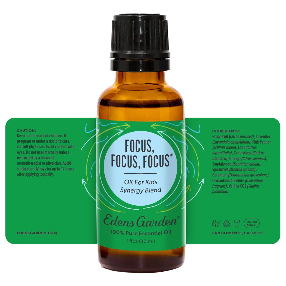 Edens Garden Focus natural ingredients graphic showcases fragrance blend.