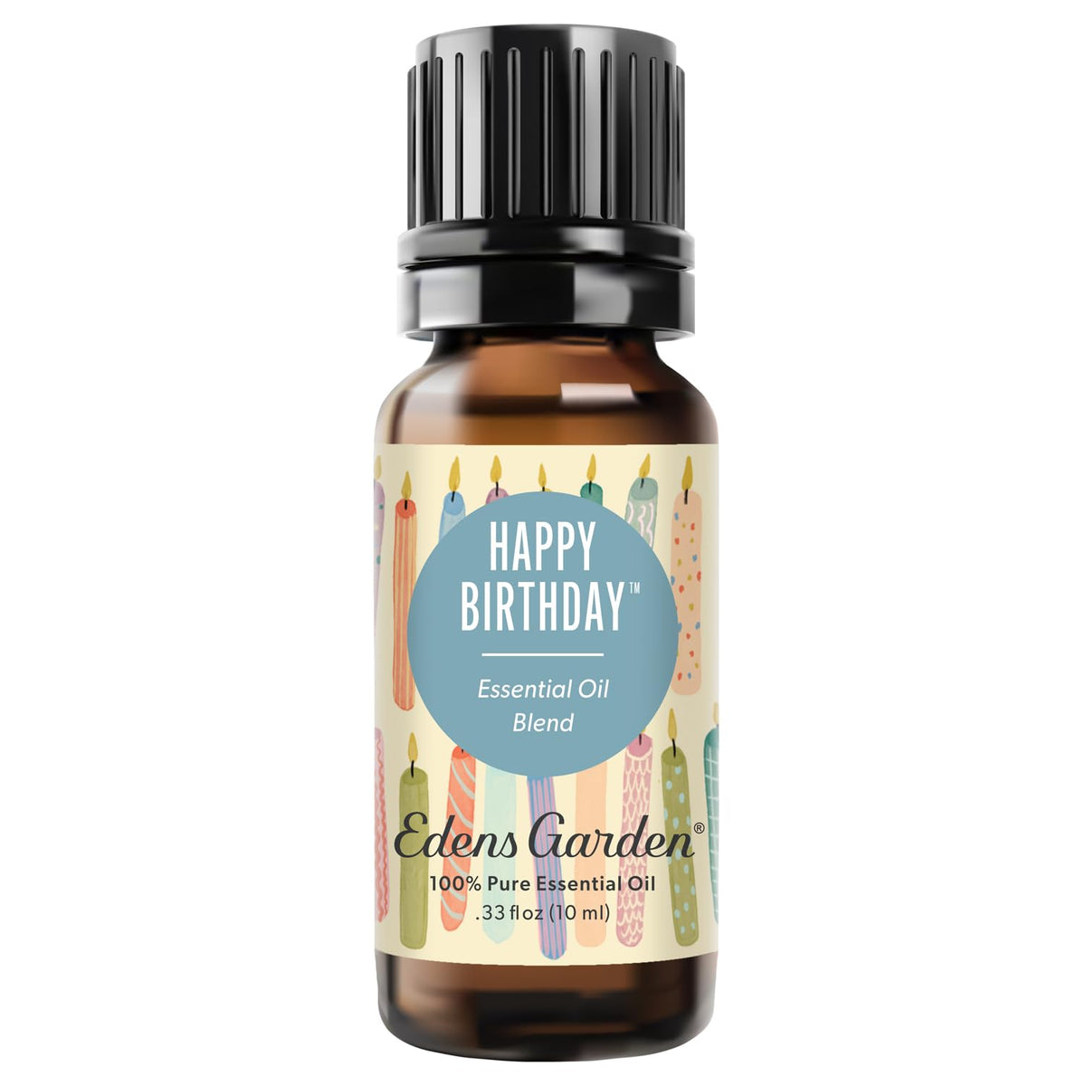 Edens Garden Happy Birthday bottle close-up evokes a festive aroma for celebrations.