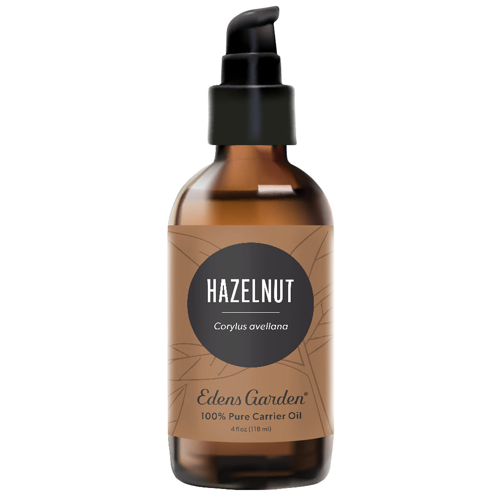 Edens Garden Hazelnut Carrier Oil bottle shows pure, non-greasy formula for moisturizing skin