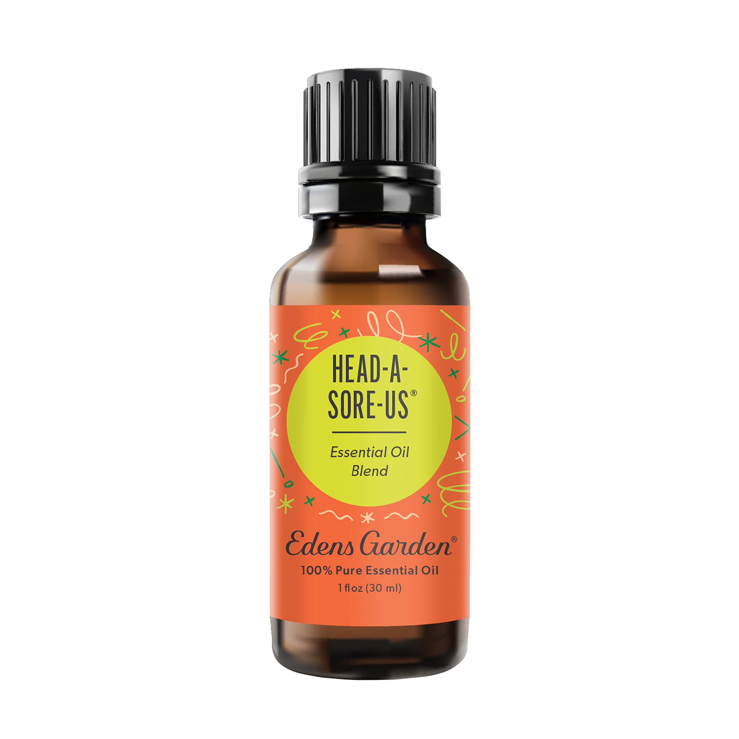 Edens Garden Head-A-Sore-Us bottle front displays calming essential oil blend.