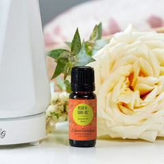 Edens Garden Head-A-Sore-Us bottle label closeup shows lavender and frankincense notes.