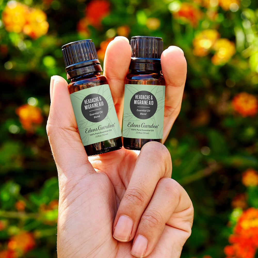 Edens Garden Headache & Migraine Aid label closeup shows premium essential oil blend