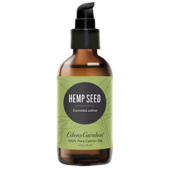 Edens Garden Hemp Seed Carrier Oil bottle shows a pure hexane-free moisturizer for skin and hair
