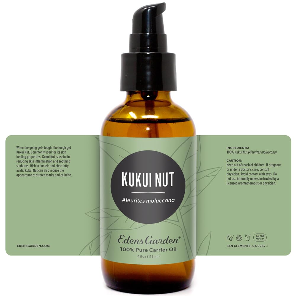 Edens Garden Kukui Nut Carrier Oil glass bottle emphasizes premium quality.