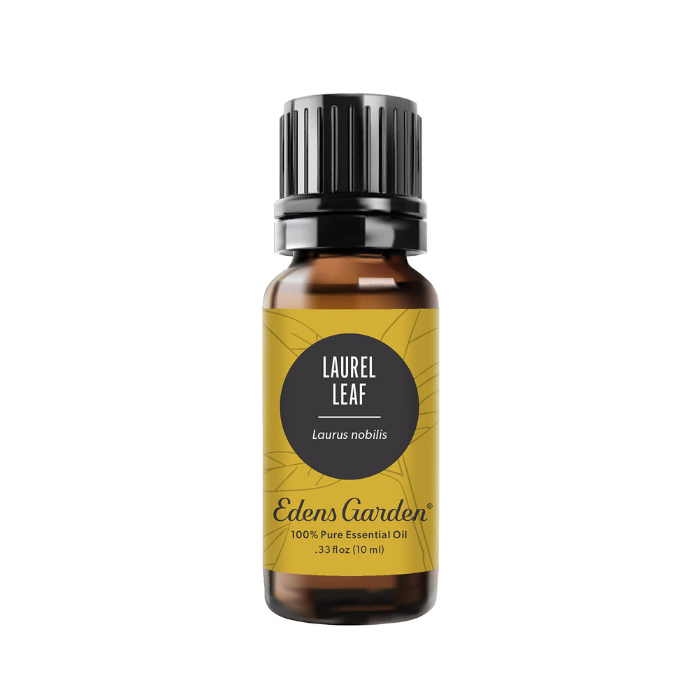 Edens Garden Laurel Leaf oil bottle closeup, signaling premium quality