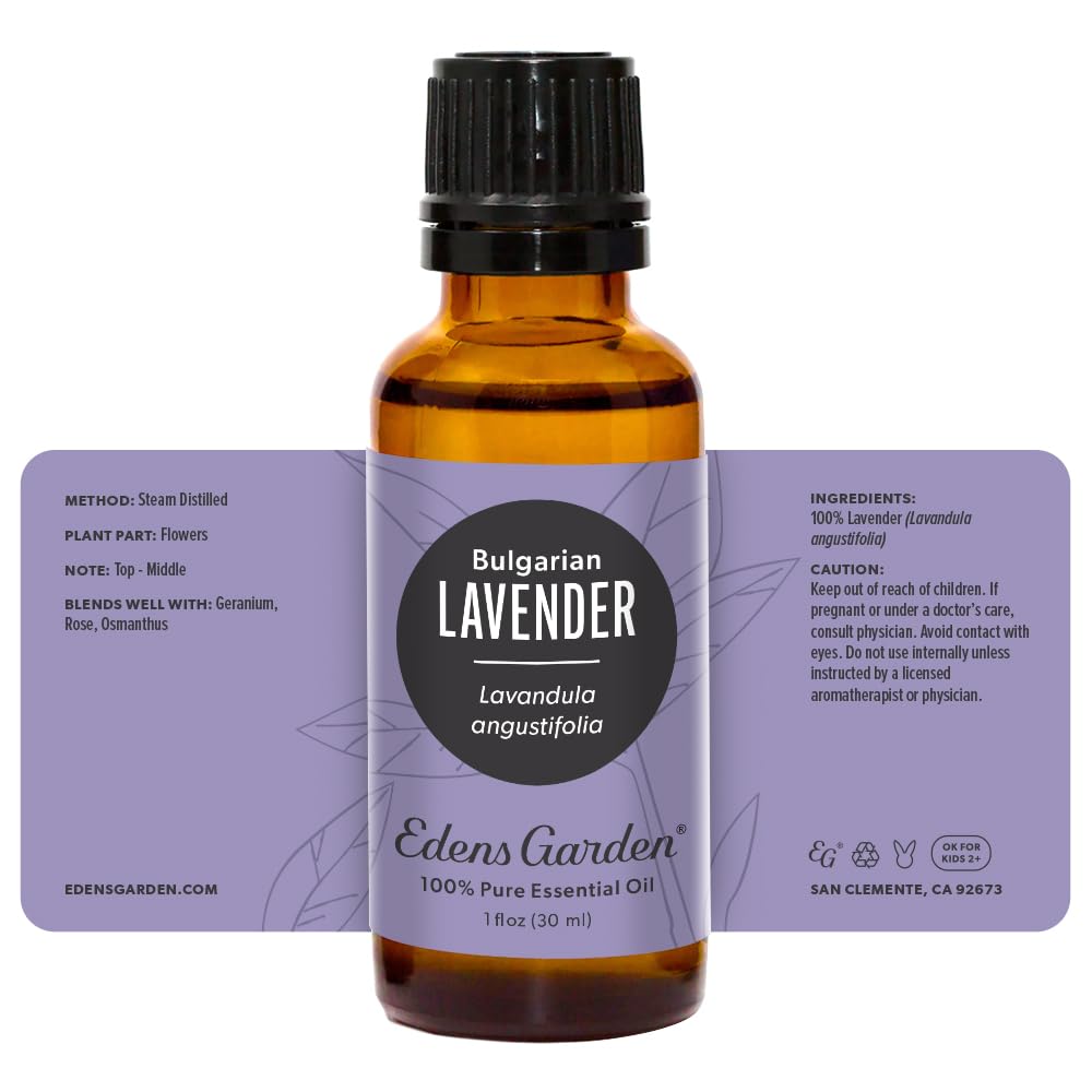 Edens Garden Lavender Bulgarian packaging displays premium oil in a compact 30 ml bottle.