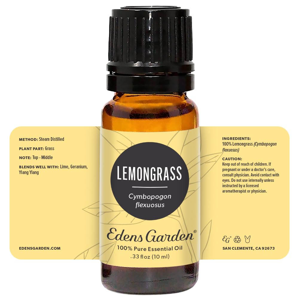 Edens Garden Lemongrass oil amber bottle shows compact 10 ml size.