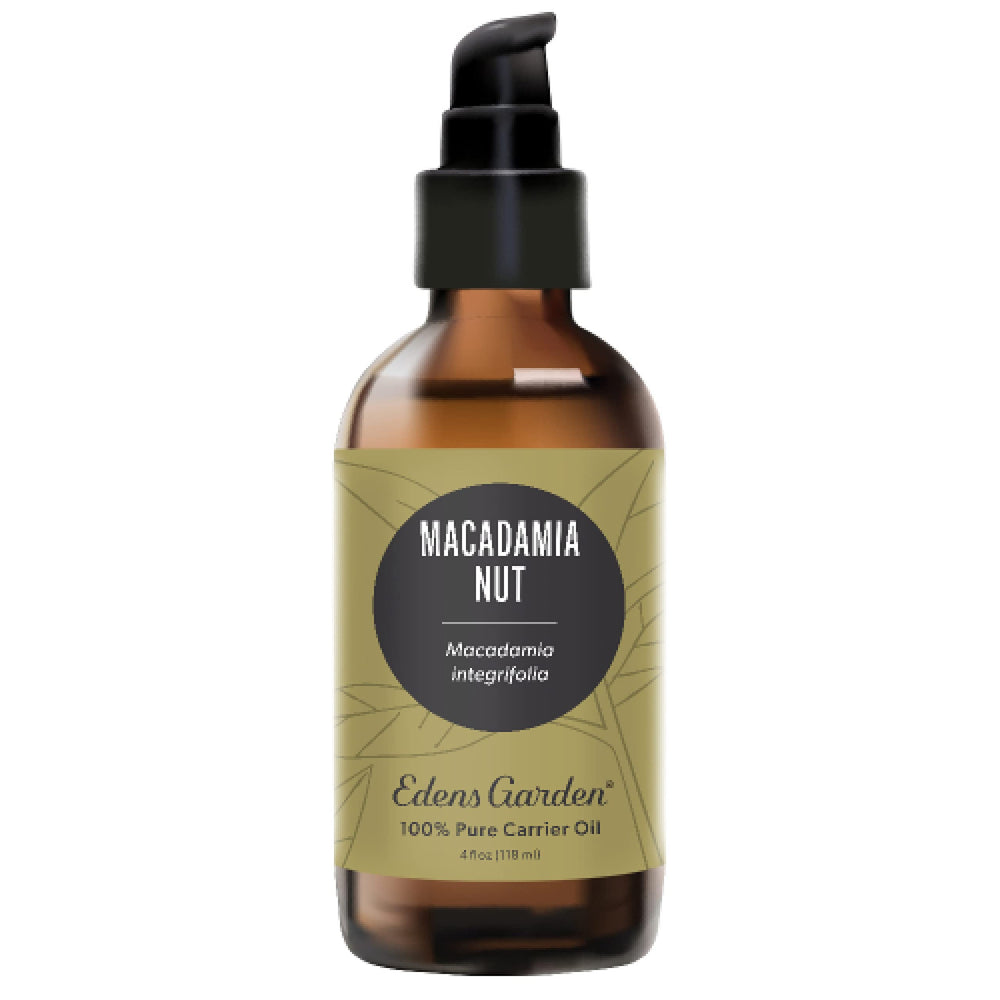 Edens Garden Macadamia Carrier Oil bottle close-up highlights purity and hydration.
