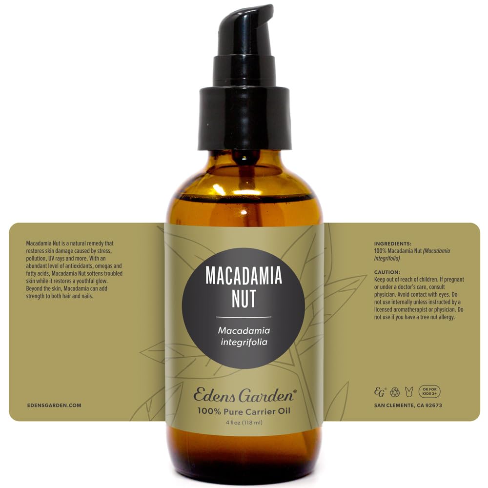 Elegant packaging and bottle of Edens Garden Macadamia Carrier Oil.