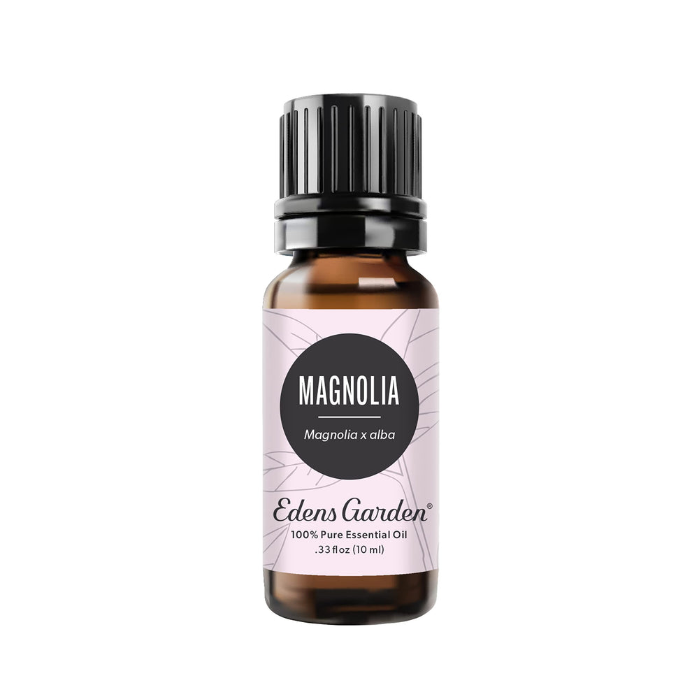 Edens Garden Magnolia essential oil bottle closeup for premium aromatherapy and skin care.