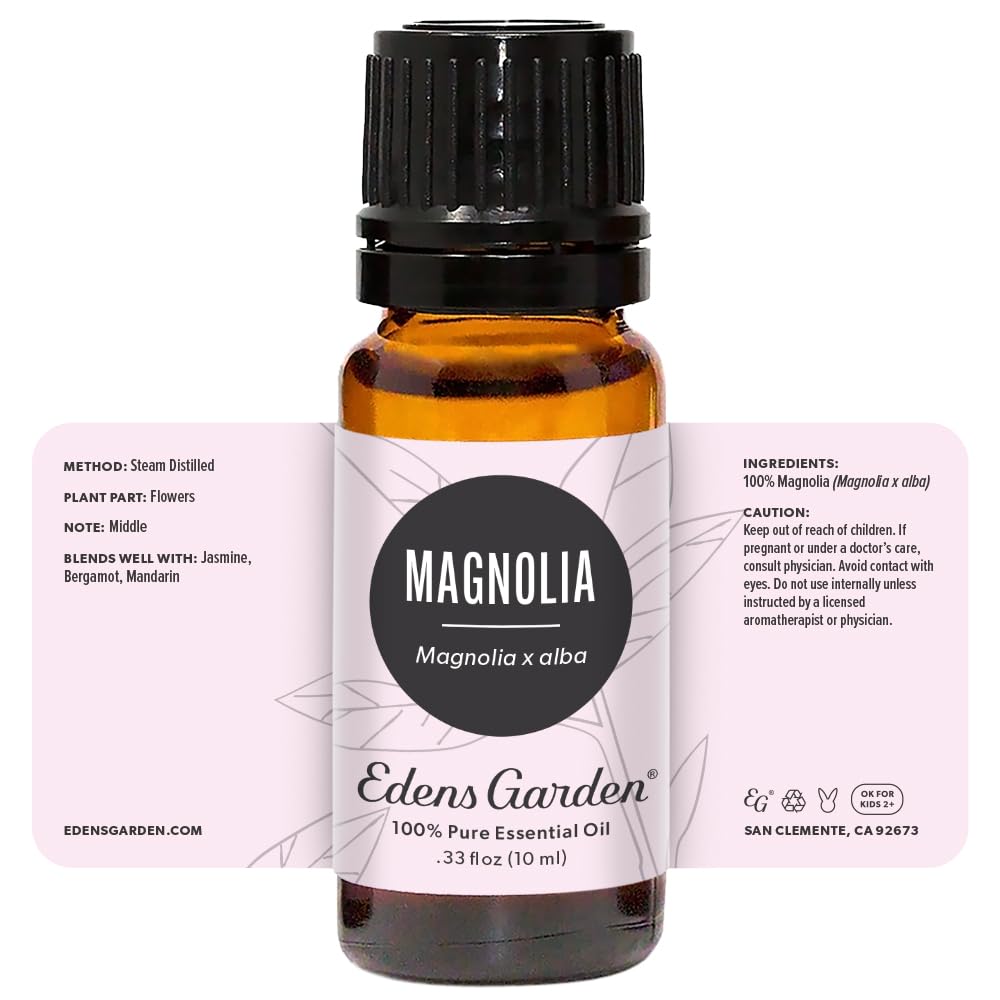 Edens Garden magnolia essential oil with wooden cap emphasizes premium packaging.