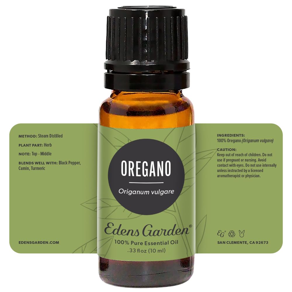 Edens Garden Oregano essential oil packaging showcases premium grade in a compact 10 ml bottle.