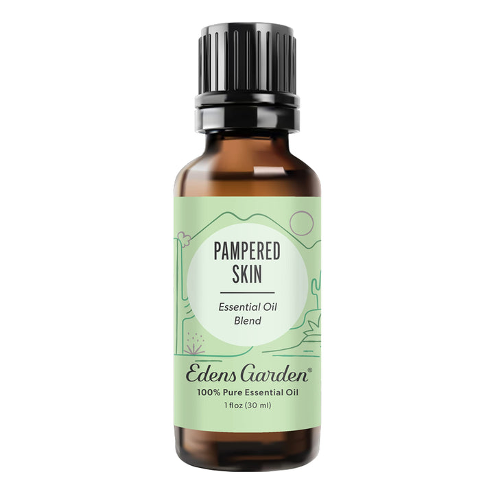 Edens Garden Pampered Skin bottle closeup showing calming lavender and rose notes for relaxation.