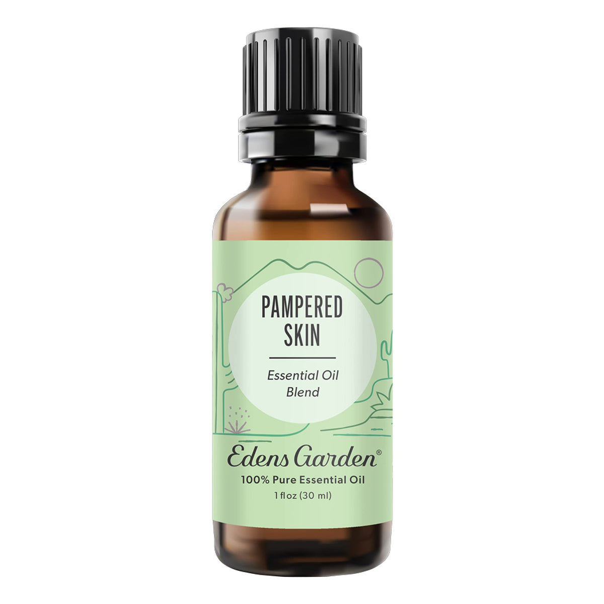 Edens Garden Pampered Skin bottle closeup showing calming lavender and rose notes for relaxation.