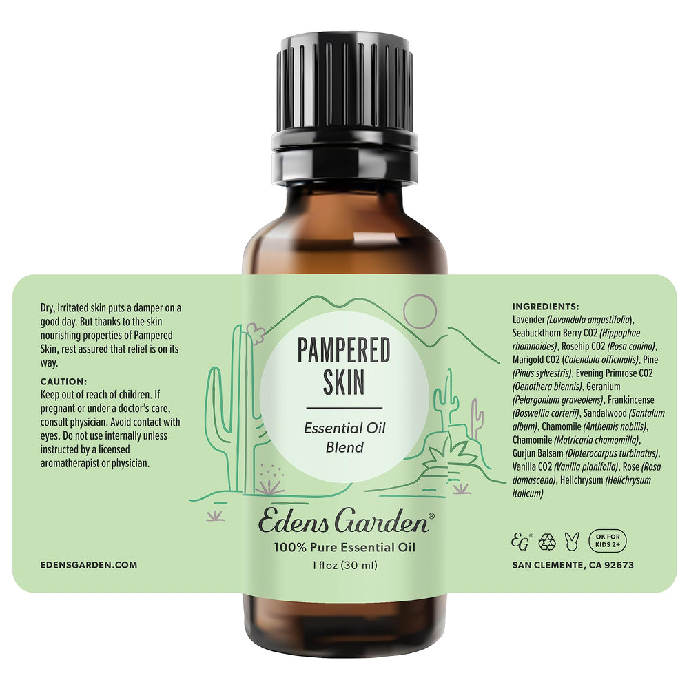 Edens Garden Pampered Skin packaging image highlights premium, kid-friendly essential oil option.