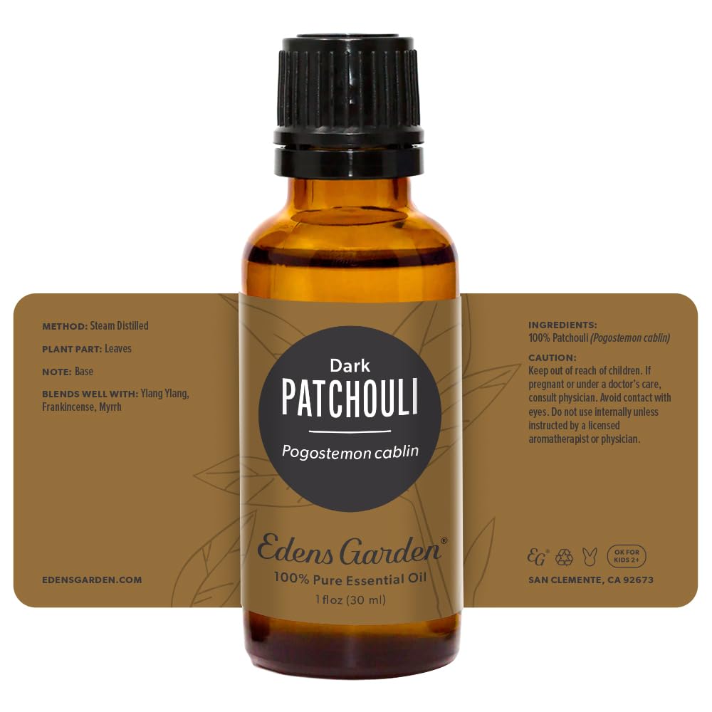 Edens Garden Patchouli amber glass bottle protects oil quality.