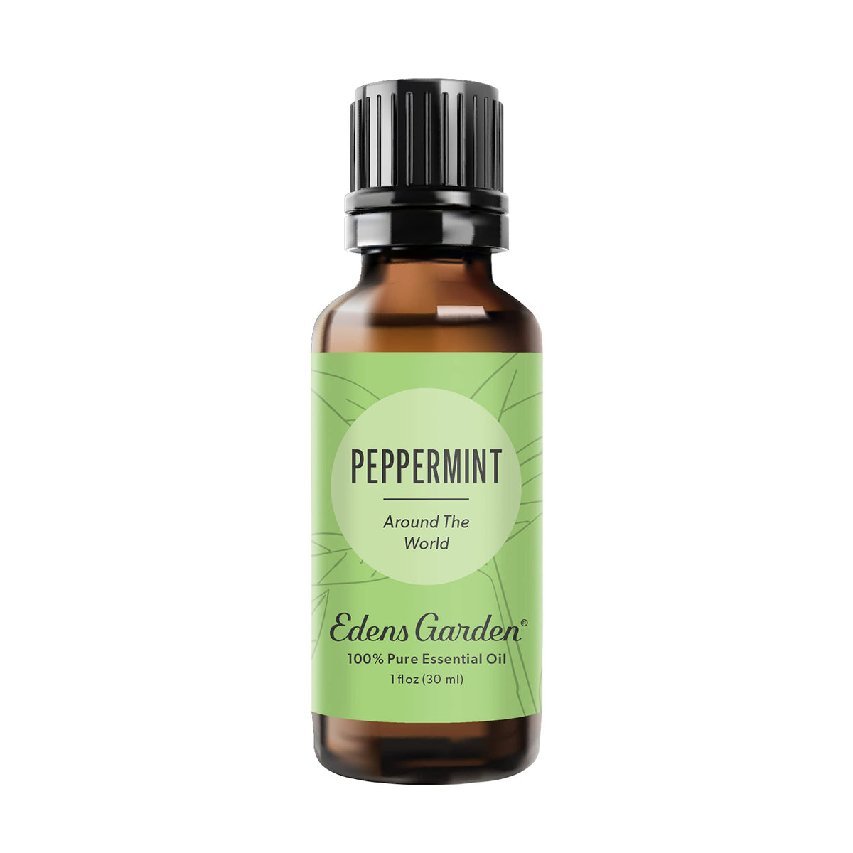 Edens Garden Peppermint Around The World bottle displaying pure aroma for focus.
