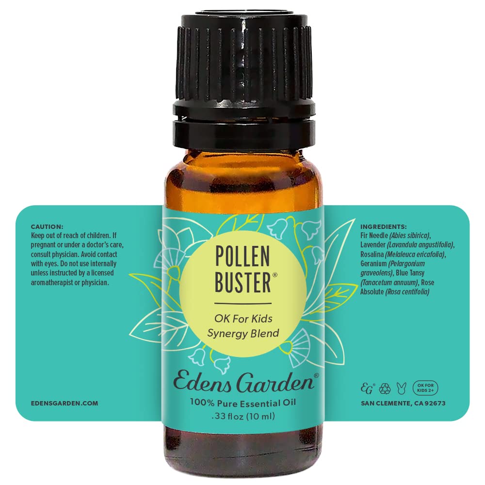 Edens Garden Pollen Buster bottle on shelf in natural light.