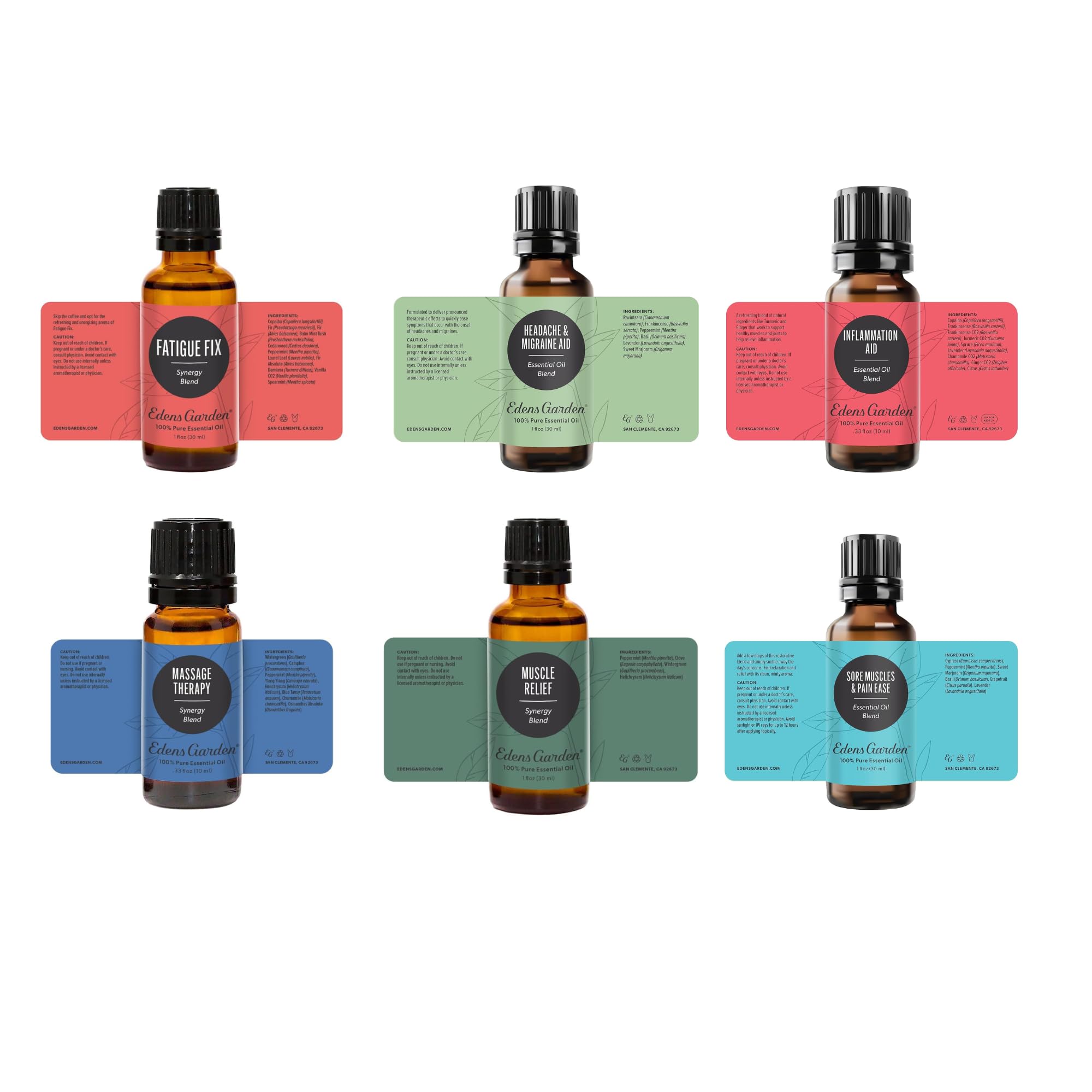 Six-bottle Edens Garden collection highlighting variety of oils.