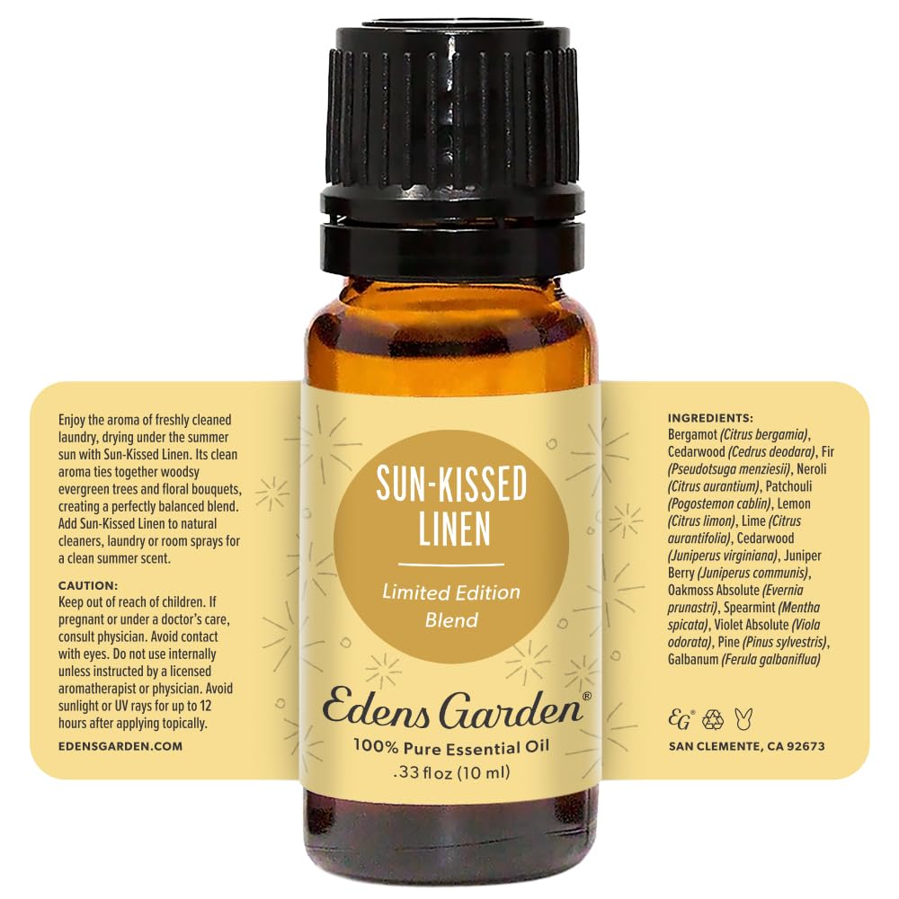 Close-up of Sun-Kissed Linen essential oil blend notes from Edens Garden.
