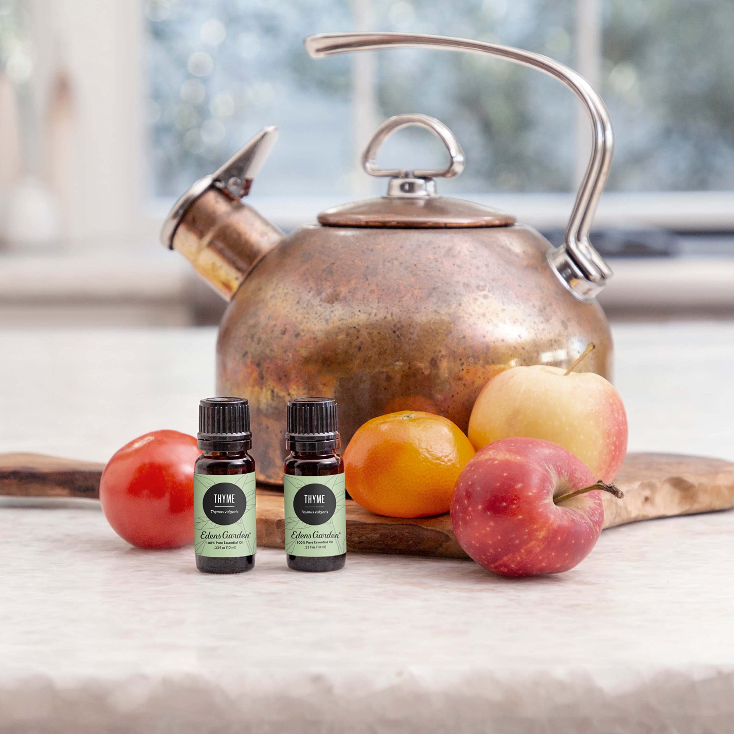 Edens Garden thyme oil packaging highlighting purity and value for home use.