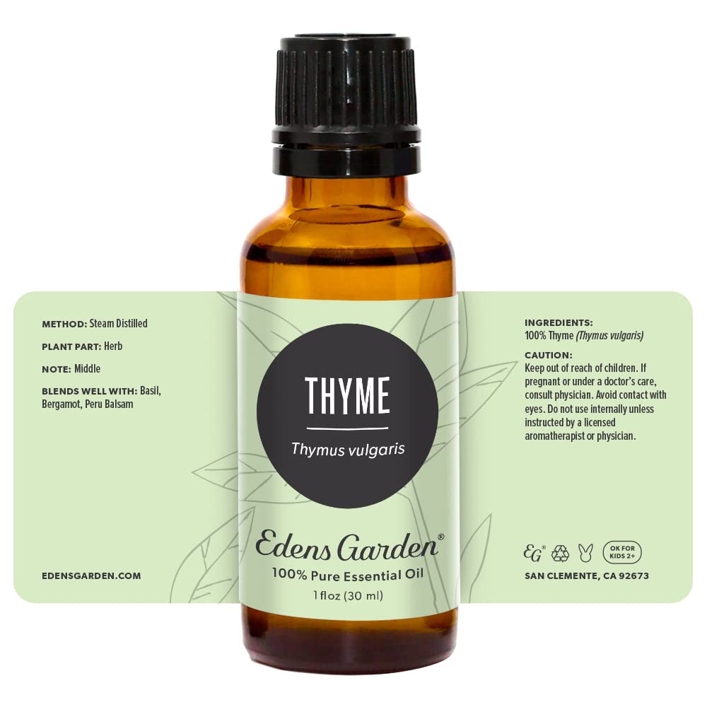 Edens Garden thyme oil collection on display for home wellness routines.