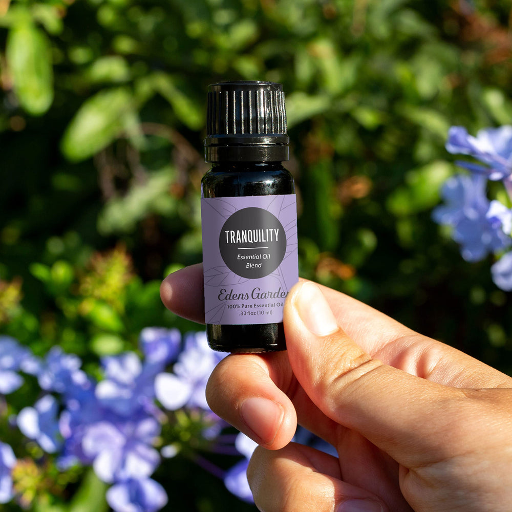 Closeup of Edens Garden Tranquility bottle with pure oil