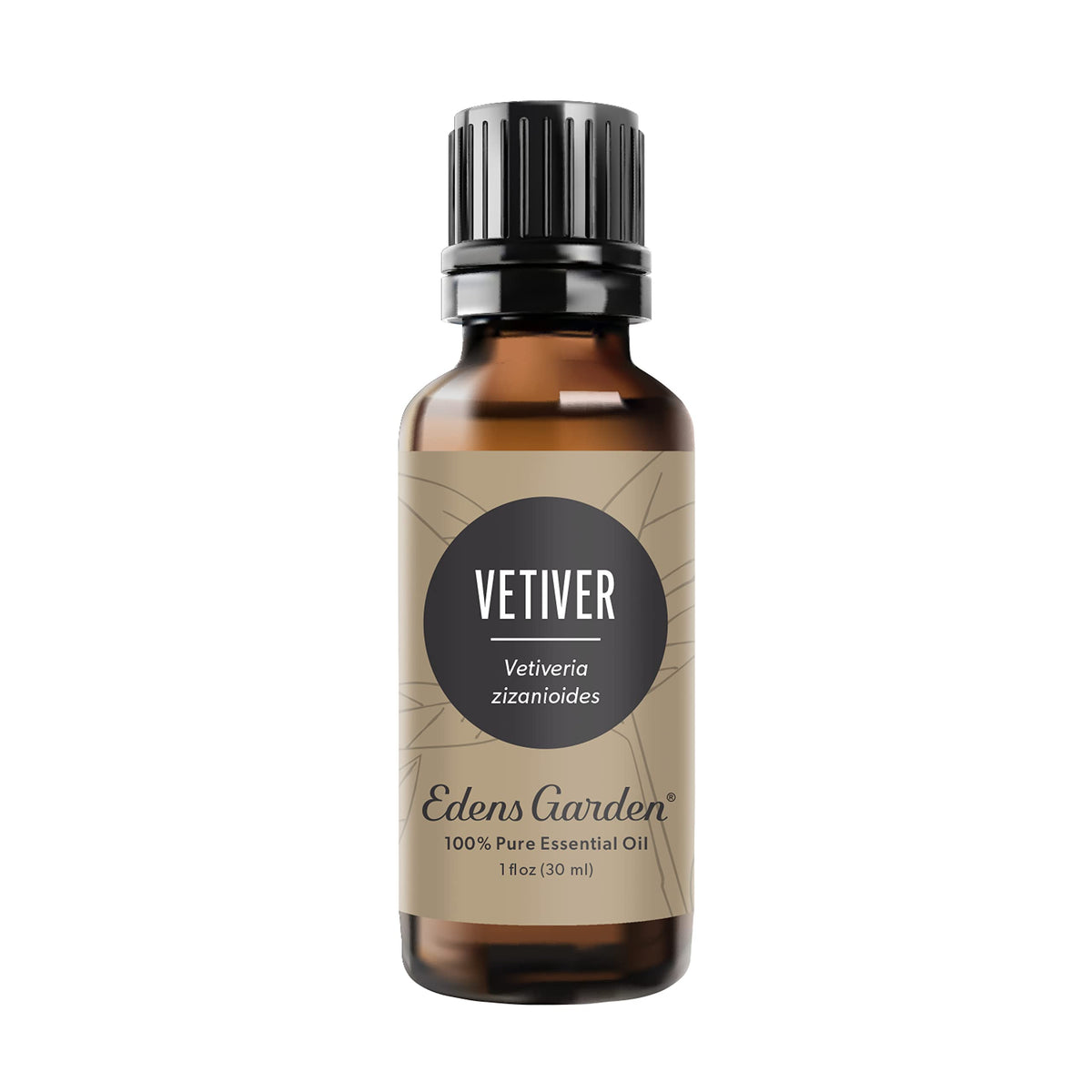 Edens Garden Vetiver oil bottle closeup for grounding scent in daily routines.