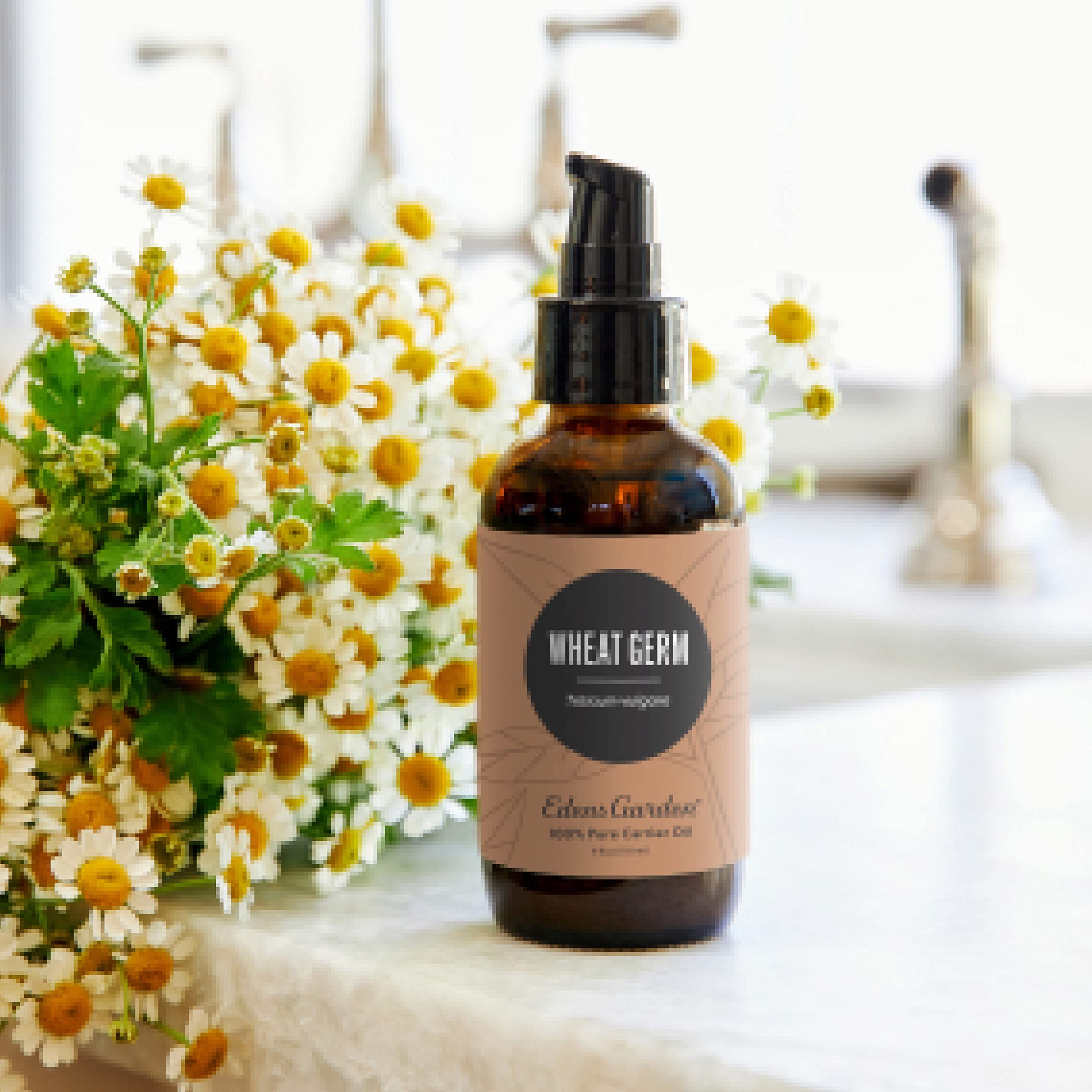 Edens Garden Wheat Germ Carrier Oil label shows hexane-free, cold-pressed quality.