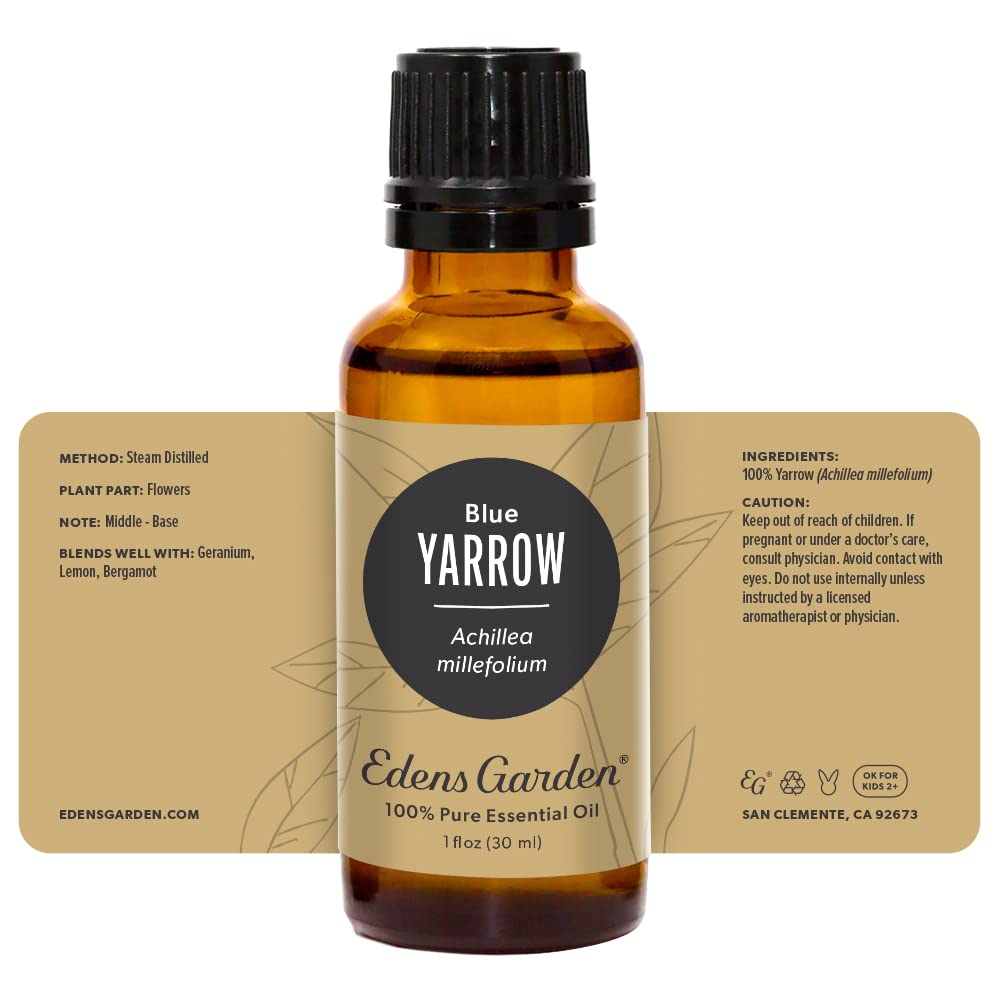 Edens Garden Yarrow-Blue on wooden spoon implies DIY blends.