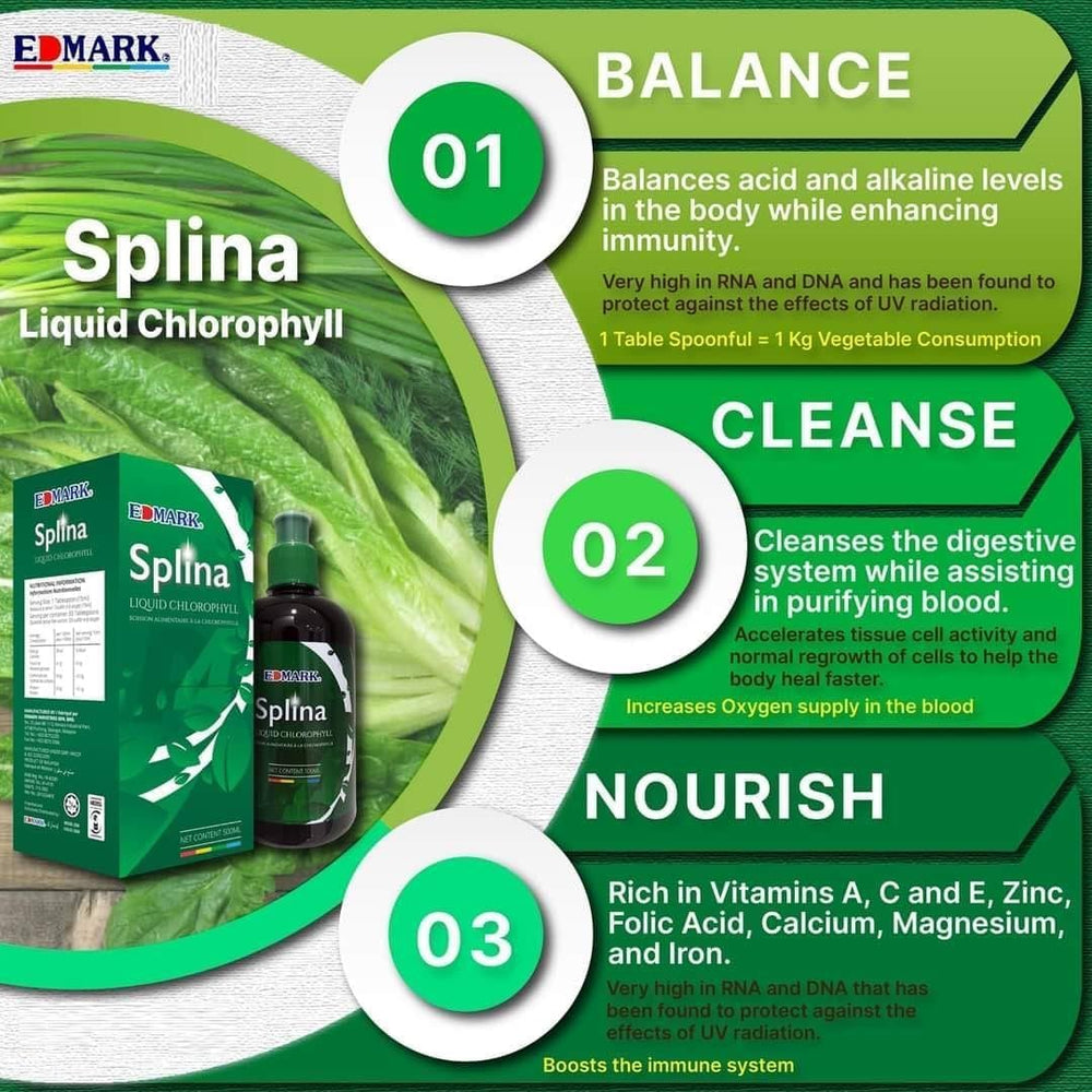 Bright green EDMARK Splina Liquid Chlorophyll in a bottle suggests natural vitality