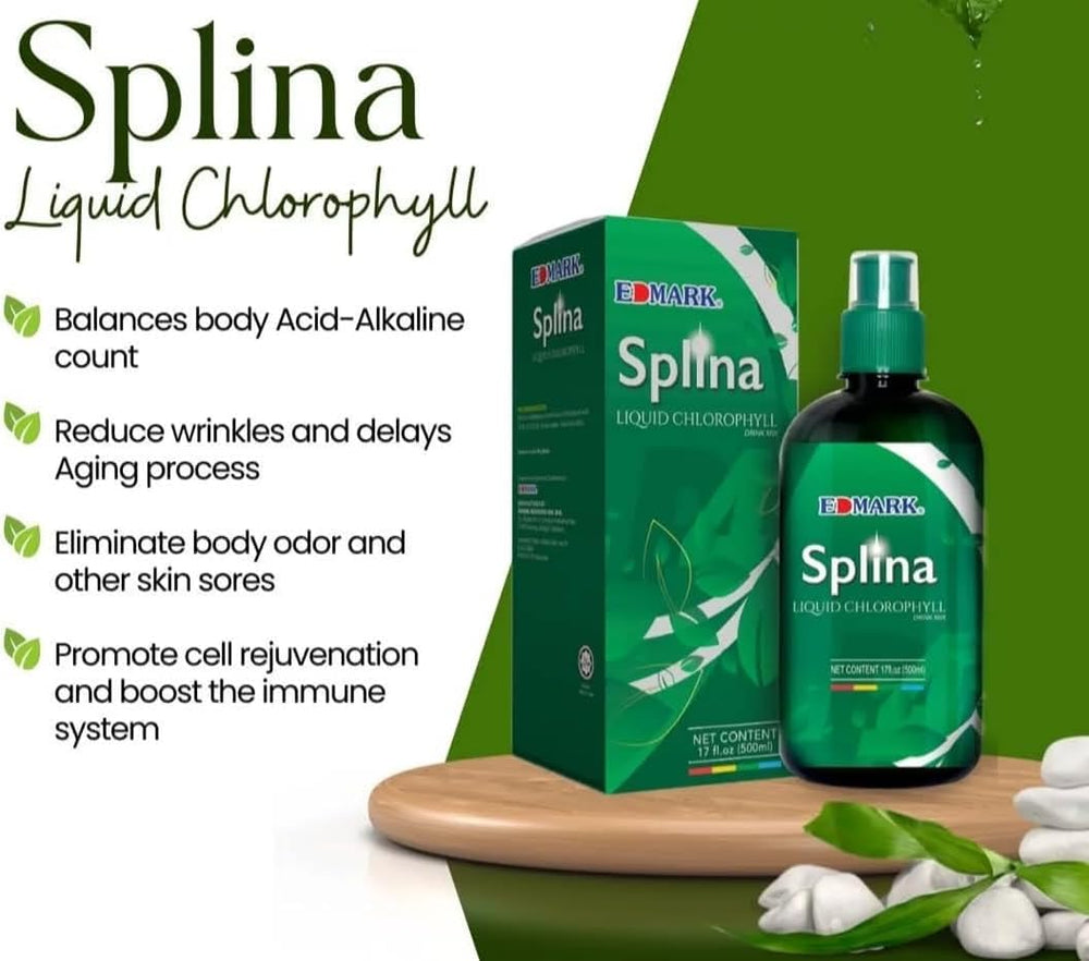 Close-up of the EDMARK Splina label shows organic, plant-based ingredients