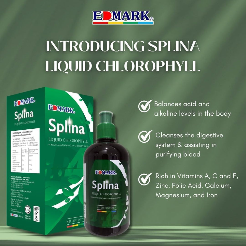 EDMARK Splina Liquid Chlorophyll is poured into a glass for a refreshing drink