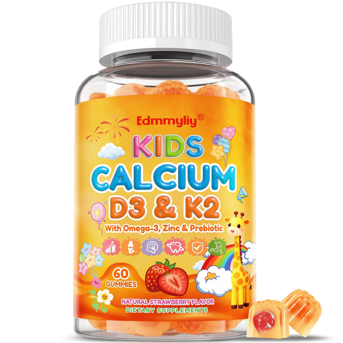 Edmmyliy Kids Calcium Gummies bottle for convenient daily supplementation for growing kids.