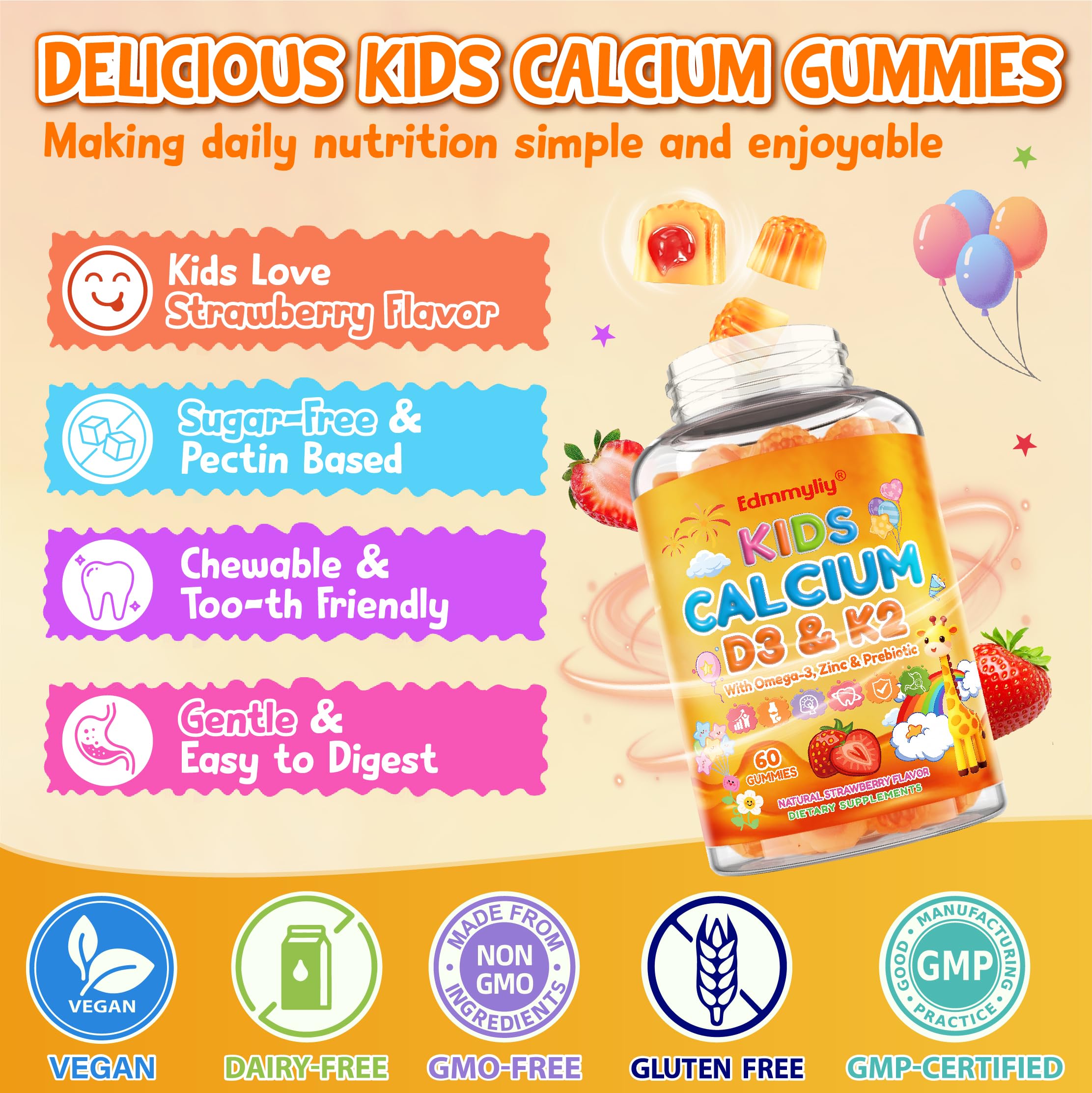 Edmmyliy non-GMO packaging highlights a sugar-free, vegan option for families.