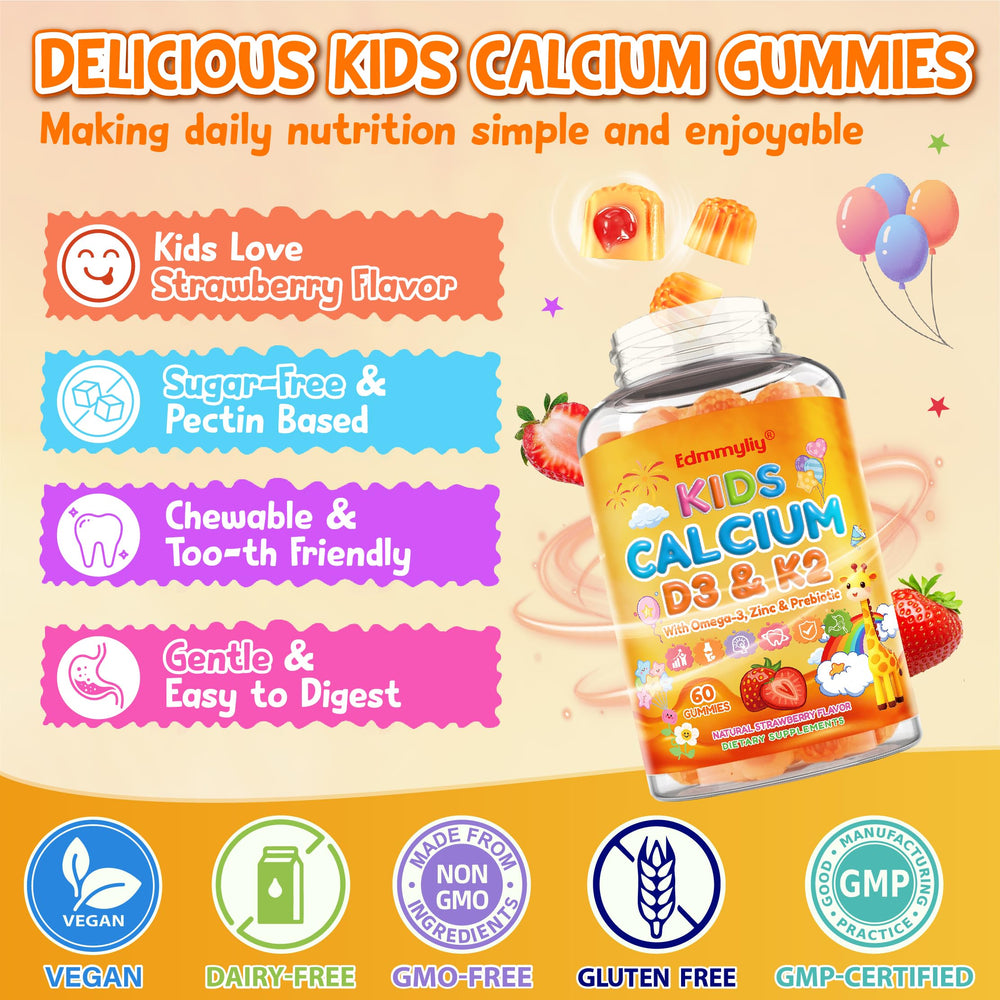 Edmmyliy non-GMO packaging highlights a sugar-free, vegan option for families.