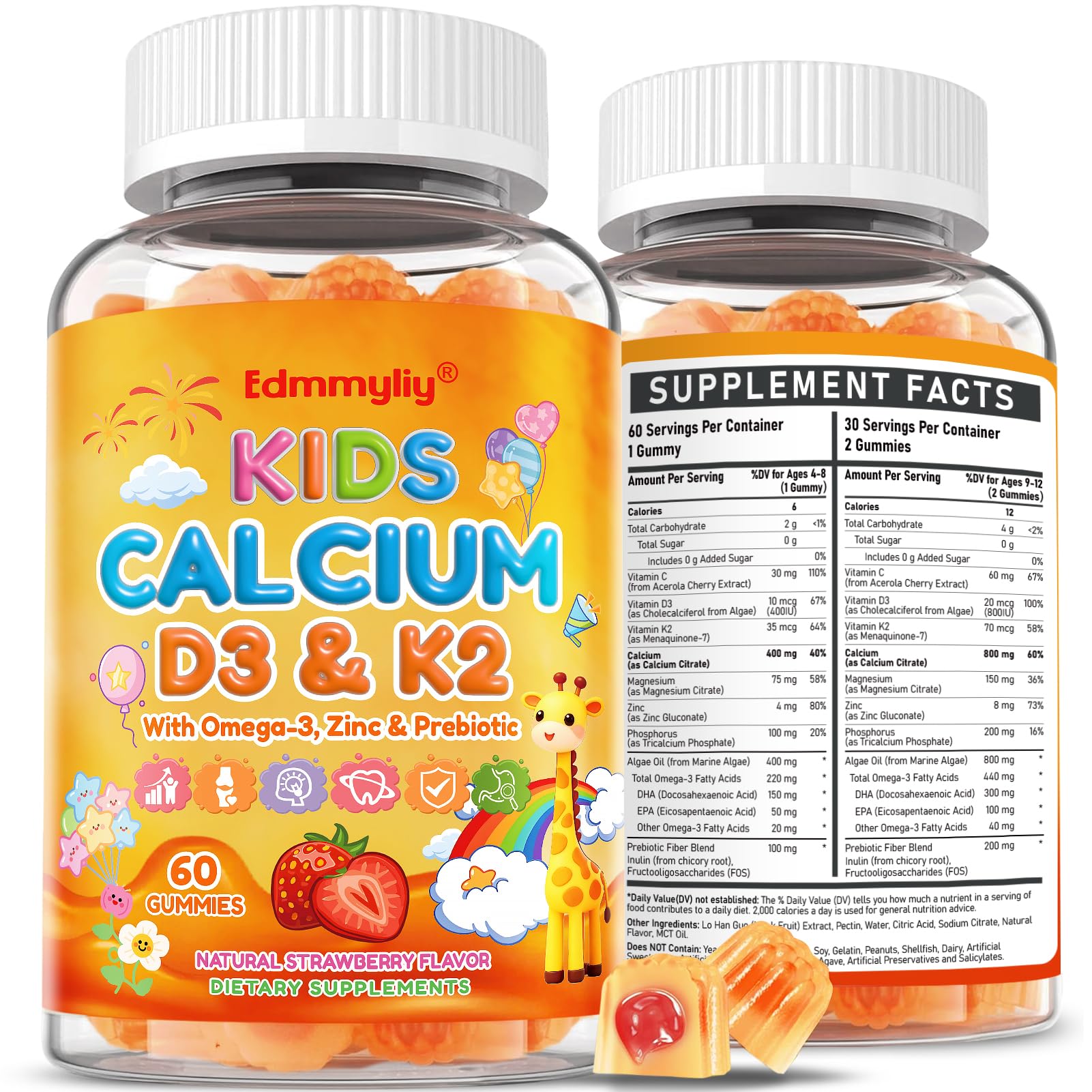 Edmmyliy Kids Calcium Gummies bottle with strawberry flavor for daily bone support.