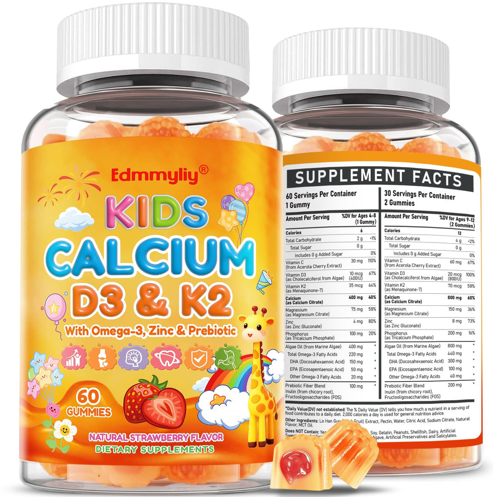 Edmmyliy Kids Calcium Gummies bottle with strawberry flavor for daily bone support.