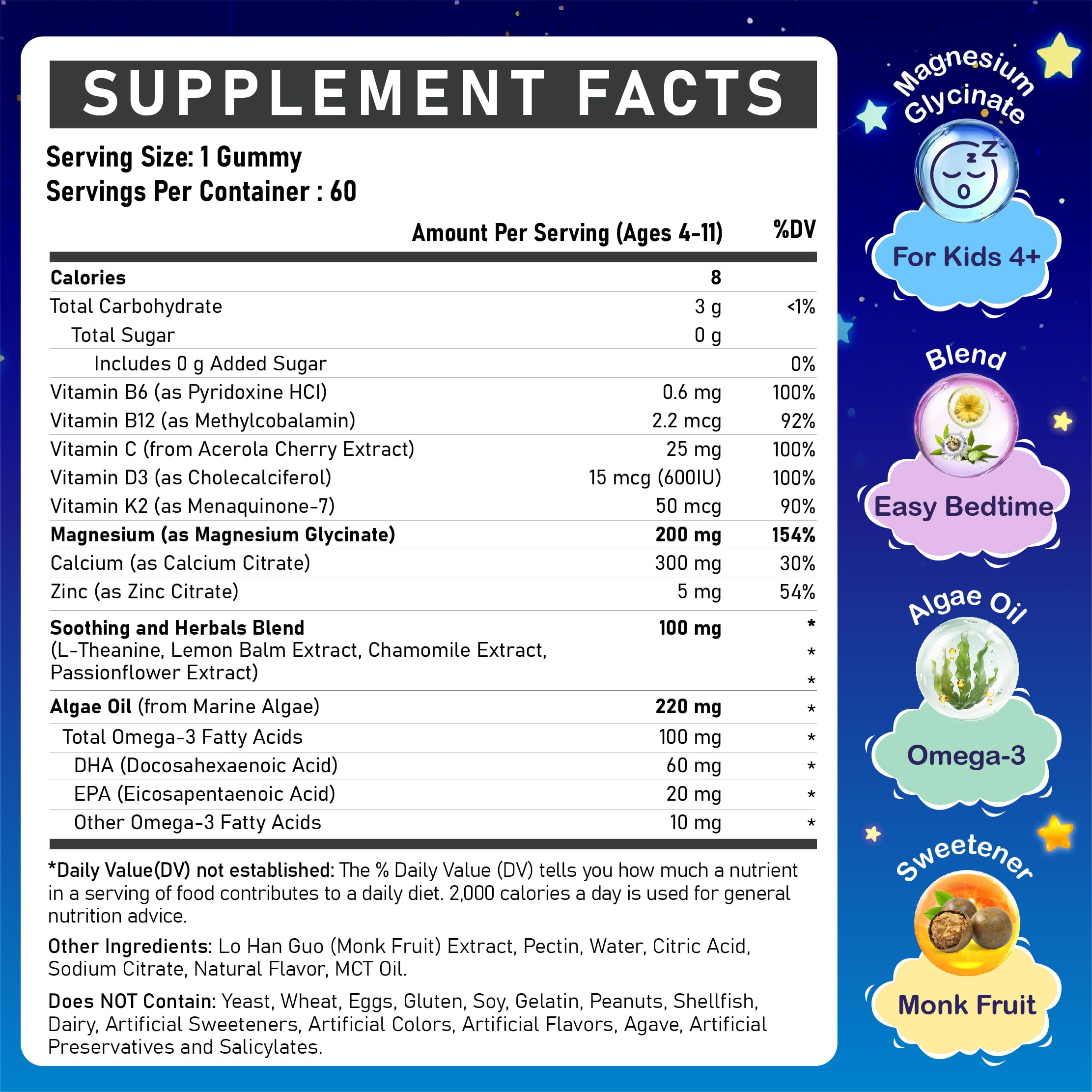 Edmmyliy Kids Gummies bottle back showing nutrition details and 200mg magnesium.