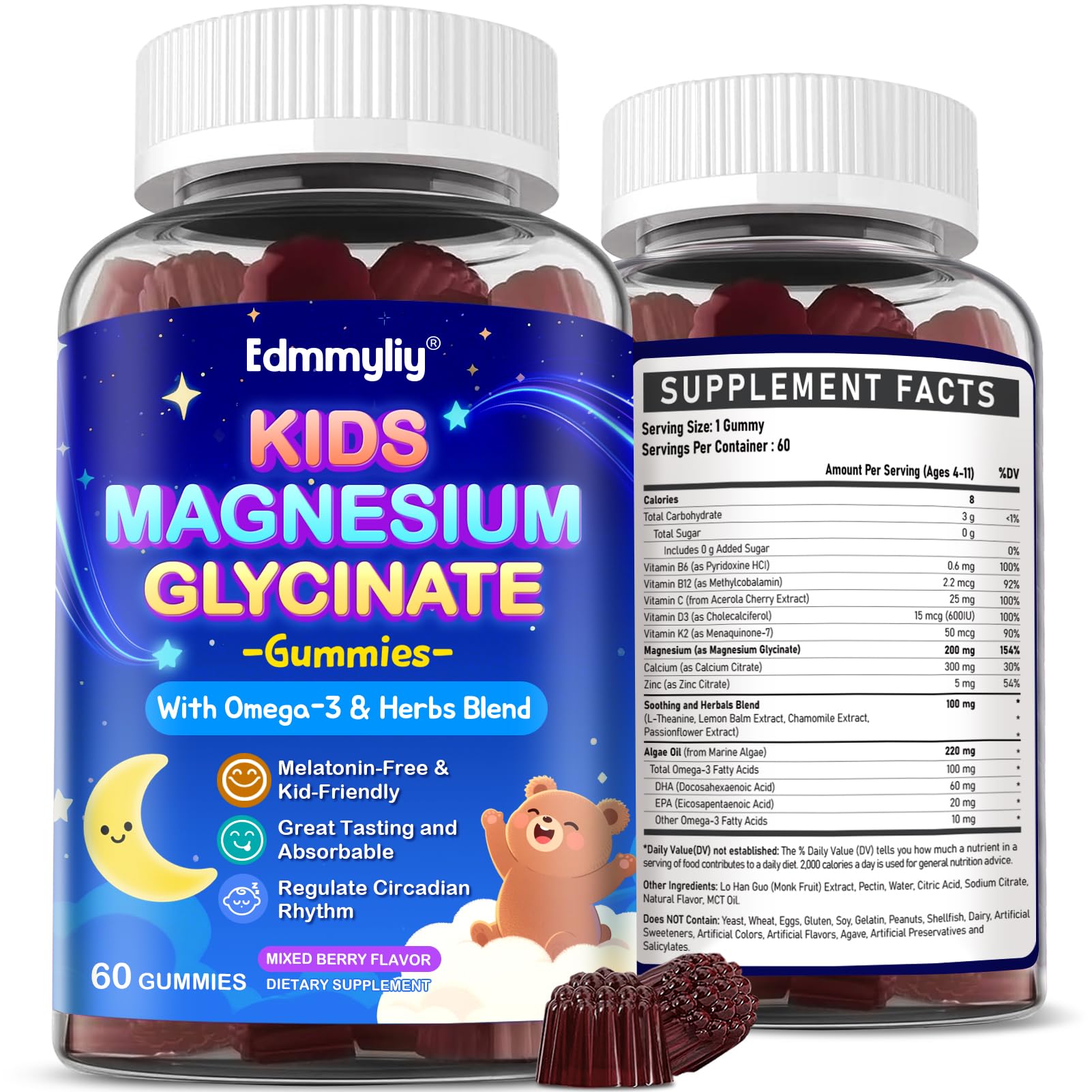 Edmmyliy Kids Gummies bottle front indicating calmer bedtimes.