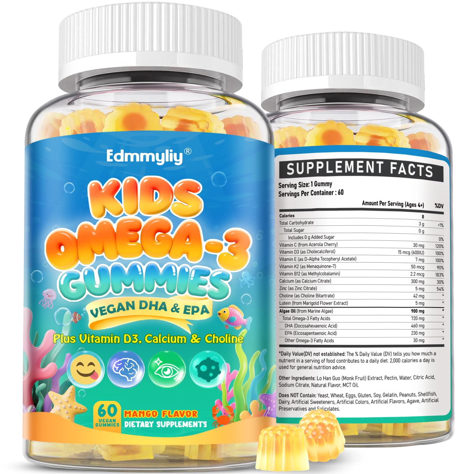 Edmmyliy Kids Omega3 Gummies bottle for convenient daily brain and immune support.