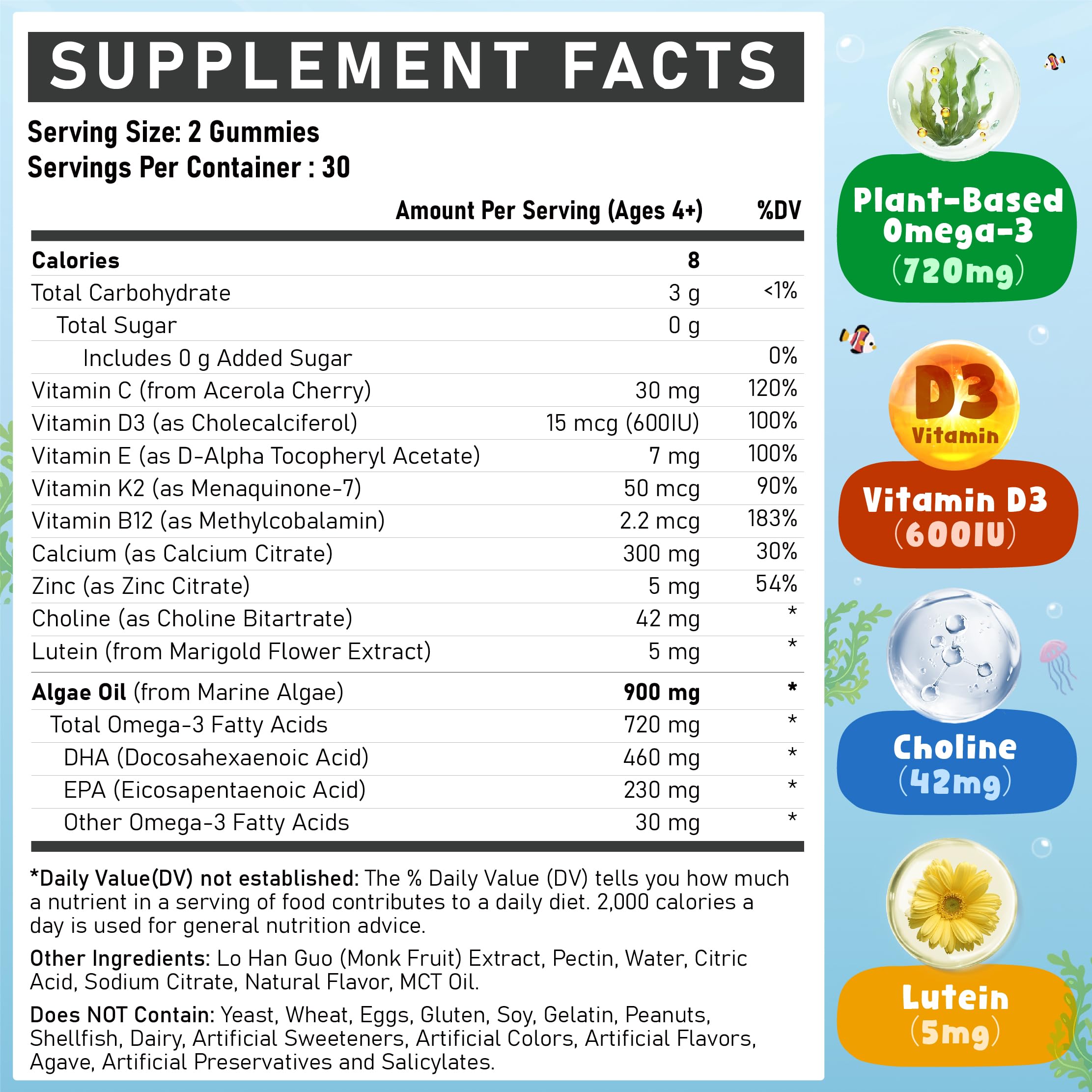 Edmmyliy Kids Omega3 Gummies close-up of mango-flavored, sugar-free chews ideal for kids.