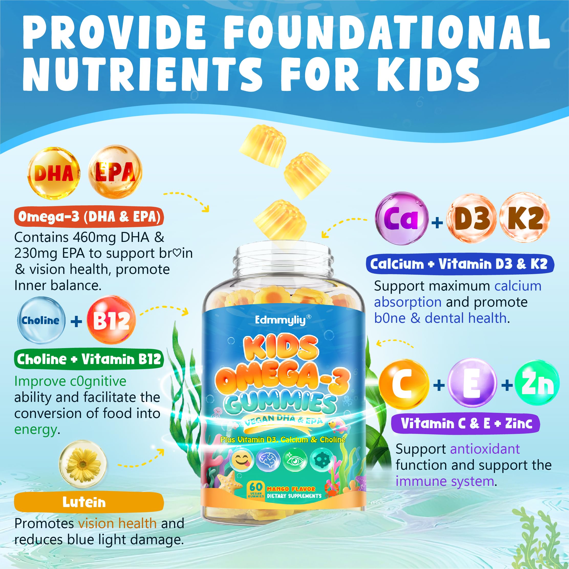 Edmmyliy Kids Omega3 Gummies mango flavor makes daily nutrition tasty for kids.
