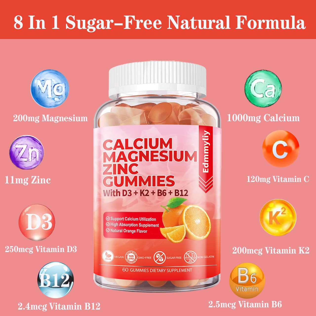 Edmmyliy vegan calcium magnesium zinc gummies packaging highlighting plant-based formula.