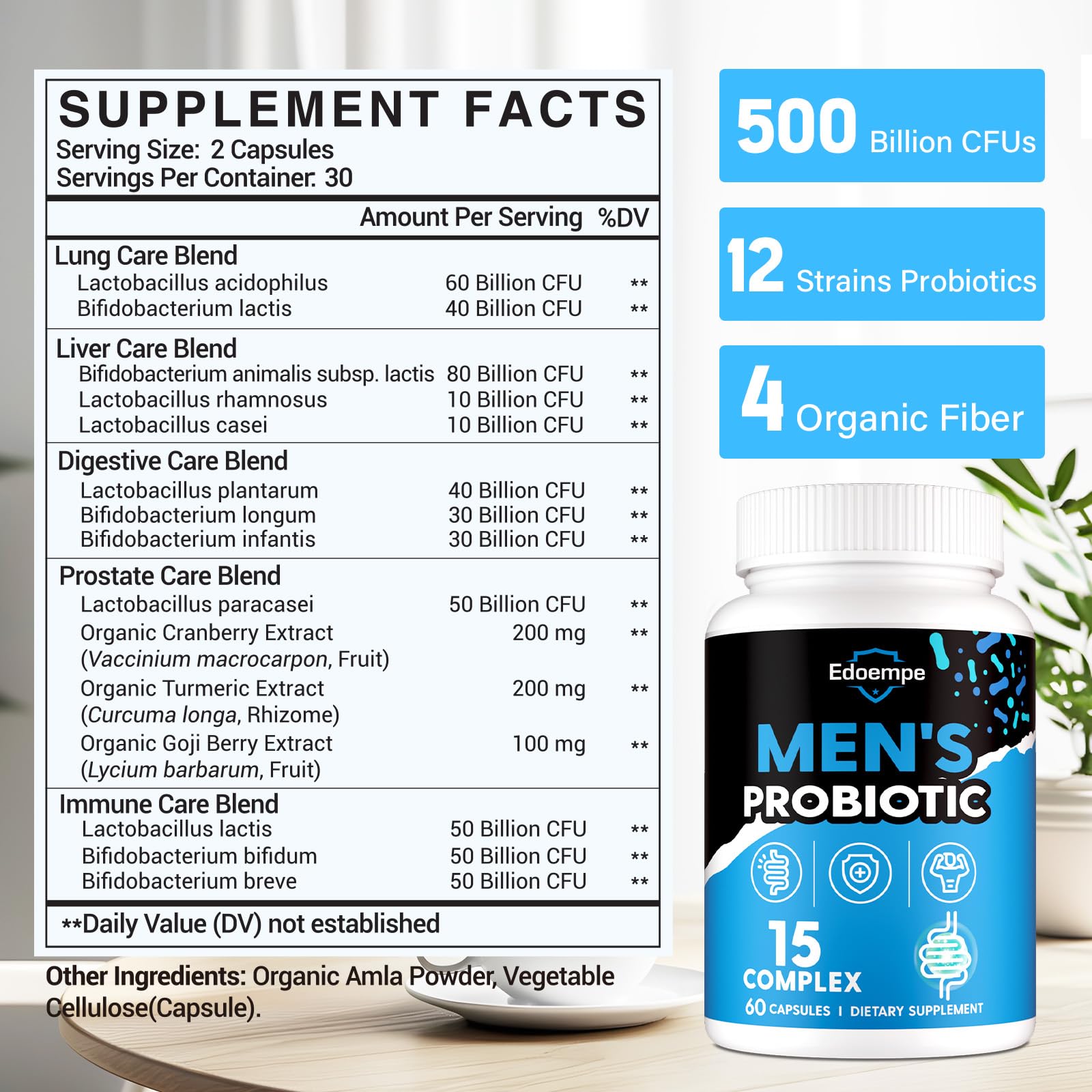 Close-up of Edoempe Probiotics for Men label highlights 12 strains for gut health.