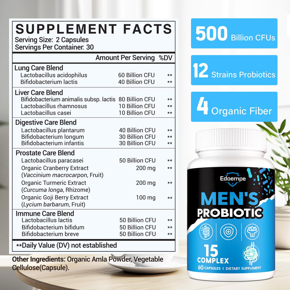 Close-up of Edoempe Probiotics for Men label highlights 12 strains for gut health.